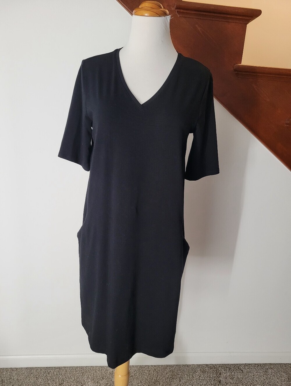 Eileen Fisher Black V-Neck Short Sleeve Dress Size XS Oversized